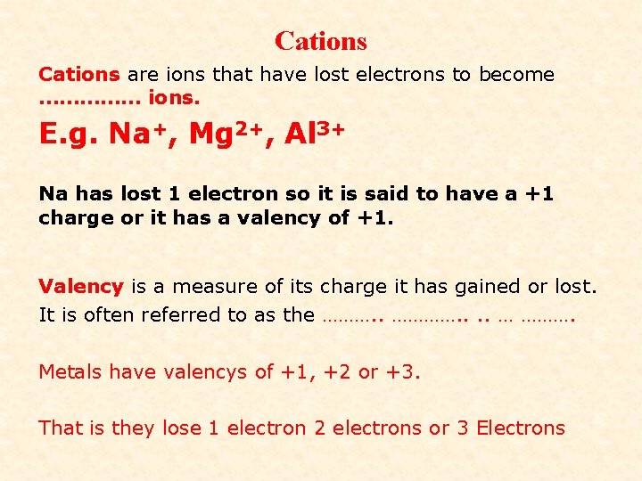 Cations are ions that have lost electrons to become …………… ions. E. g. Na+,