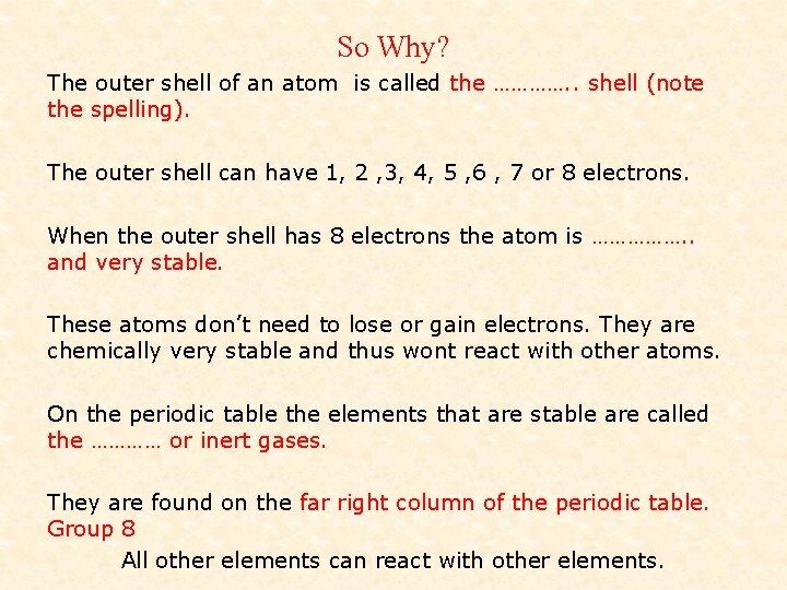 So Why? The outer shell of an atom is called the …………. . shell