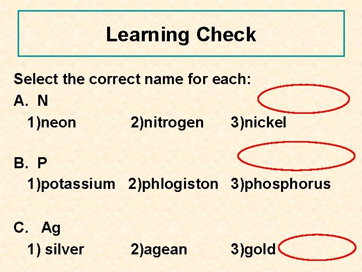 Learning Check Select the correct name for each: A. N 1)neon 2)nitrogen 3)nickel B.