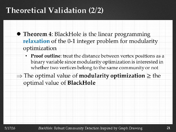 Theoretical Validation (2/2) 5/17/16 Black. Hole: Robust Community Detection Inspired by Graph Drawing 21