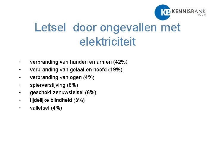 Letsel door ongevallen met elektriciteit • • verbranding van handen en armen (42%) verbranding