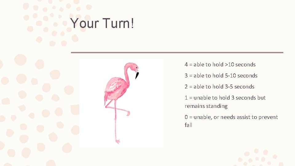 Your Turn! 4 = able to hold >10 seconds 3 = able to hold