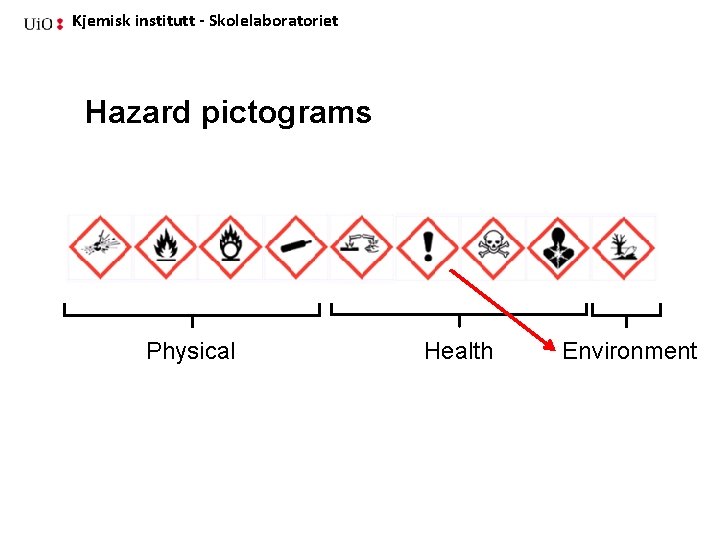 Kjemisk institutt - Skolelaboratoriet Hazard pictograms Physical Health Environment 