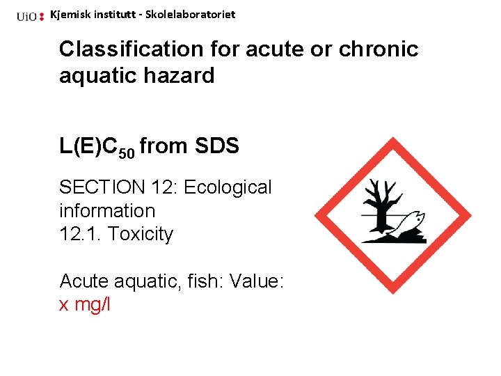 Kjemisk institutt - Skolelaboratoriet Classification for acute or chronic aquatic hazard L(E)C 50 from