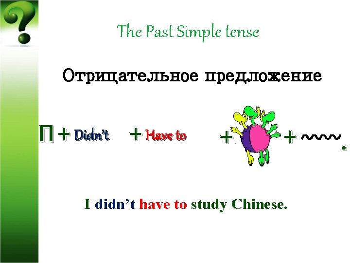 The Past Simple tense Отрицательное предложение П + Didn’t + Have to + +
