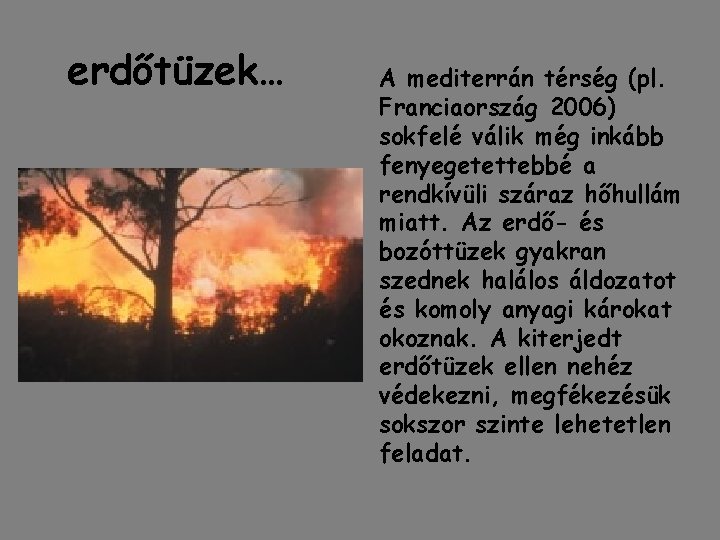erdőtüzek… A mediterrán térség (pl. Franciaország 2006) sokfelé válik még inkább fenyegetettebbé a rendkívüli erdőtüzek… A mediterrán térség (pl. Franciaország 2006) sokfelé válik még inkább fenyegetettebbé a rendkívüli