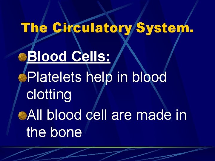 The Circulatory System. Blood Cells: Platelets help in blood clotting All blood cell are