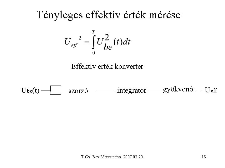 Tényleges effektív érték mérése Effektív érték konverter Ube(t) szorzó integrátor T. Gy. Bev Merestechn.