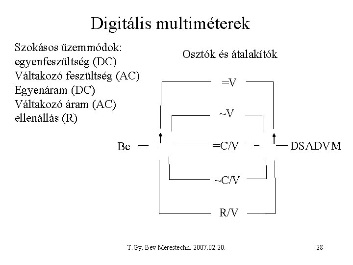 Digitális multiméterek Szokásos üzemmódok: egyenfeszültség (DC) Váltakozó feszültség (AC) Egyenáram (DC) Váltakozó áram (AC)