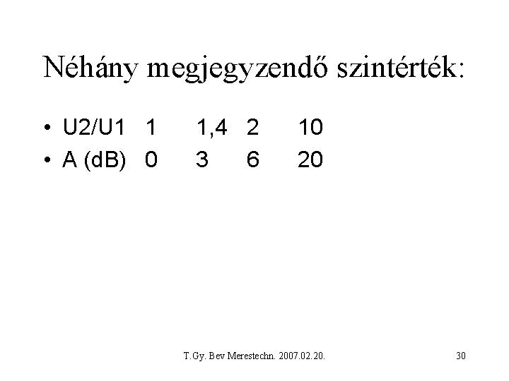 Néhány megjegyzendő szintérték: • U 2/U 1 1 • A (d. B) 0 1,