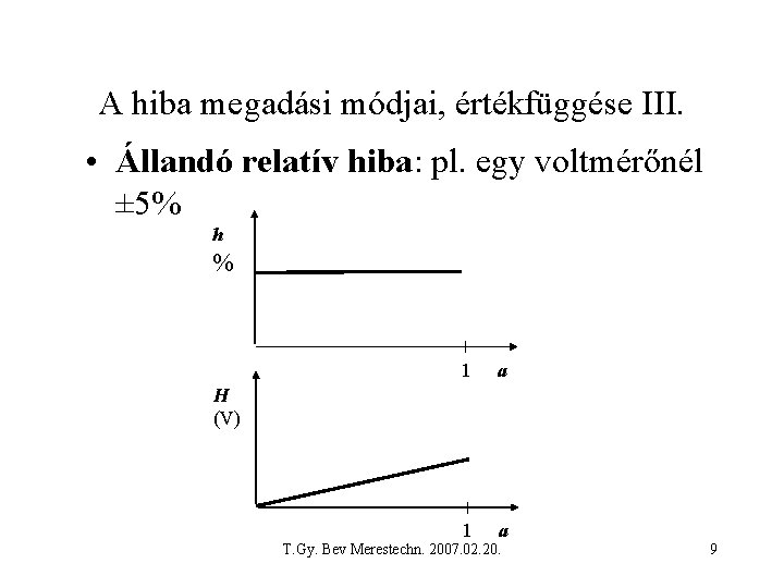 A hiba megadási módjai, értékfüggése III. • Állandó relatív hiba: pl. egy voltmérőnél ±