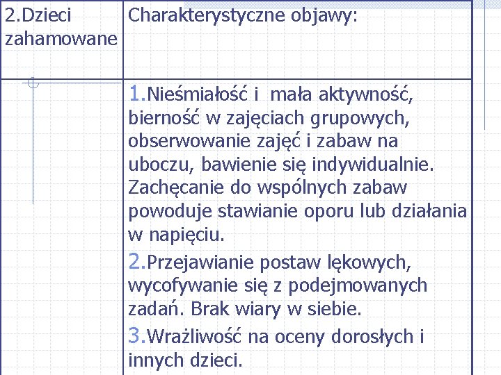 2. Dzieci Charakterystyczne objawy: zahamowane 1. Nieśmiałość i mała aktywność, bierność w zajęciach grupowych,