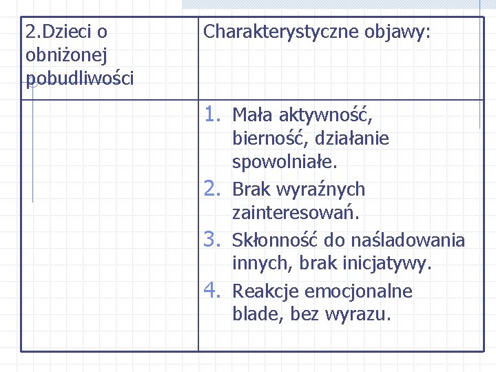 2. Dzieci o obniżonej pobudliwości Charakterystyczne objawy: 1. Mała aktywność, bierność, działanie spowolniałe. 2.