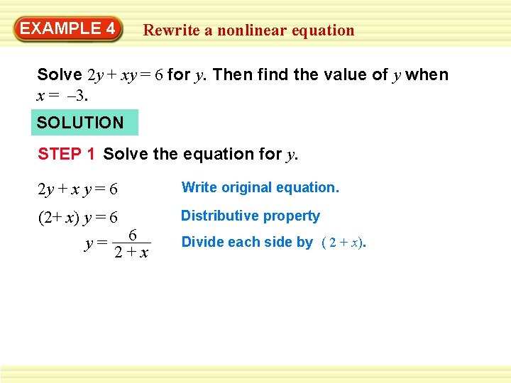 EXAMPLE 4 Rewrite a nonlinear equation Solve 2 y + xy = 6 for