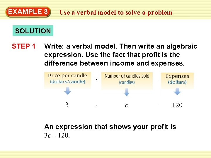 EXAMPLE 3 Use a verbal model to solve a problem SOLUTION STEP 1 Write: