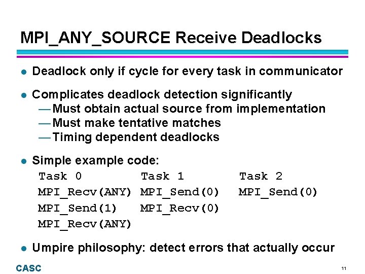 MPI_ANY_SOURCE Receive Deadlocks l Deadlock only if cycle for every task in communicator l