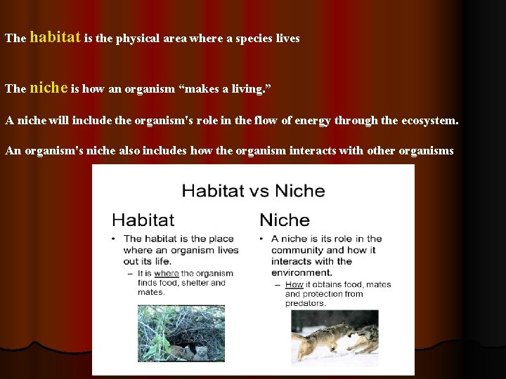 The habitat is the physical area where a species lives The niche is how