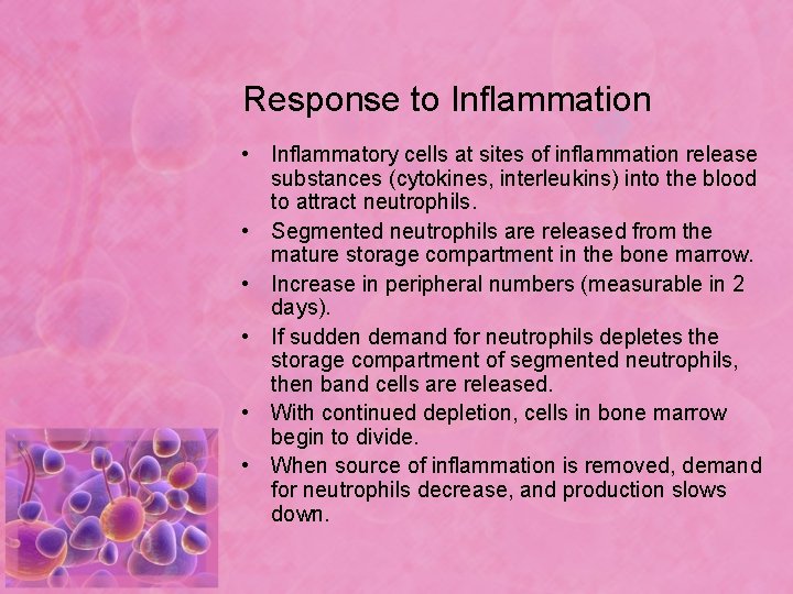 Response to Inflammation • Inflammatory cells at sites of inflammation release substances (cytokines, interleukins)
