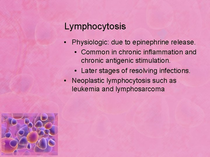 Lymphocytosis • Physiologic: due to epinephrine release. • Common in chronic inflammation and chronic