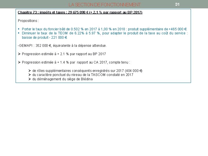 LA SECTION DE FONCTIONNEMENT 31 Chapitre 73 : impôts et taxes : 29 675