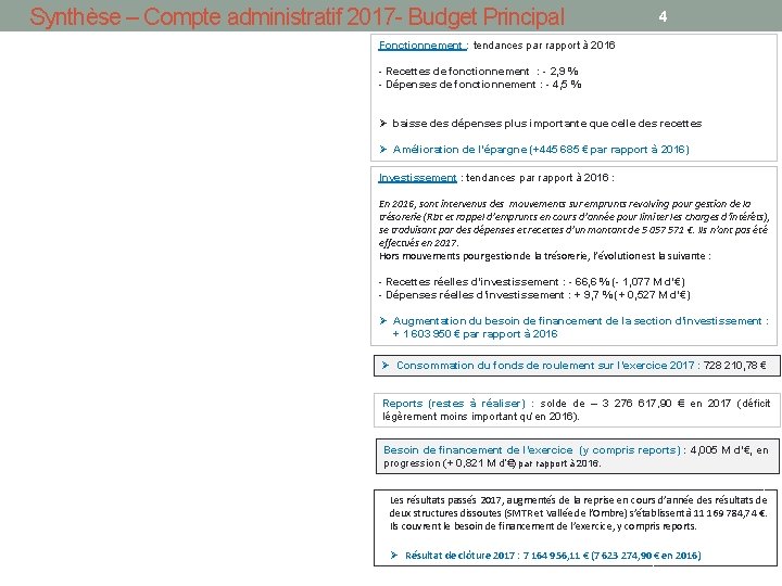 Synthèse – Compte administratif 2017 - Budget Principal 4 Fonctionnement : tendances par rapport