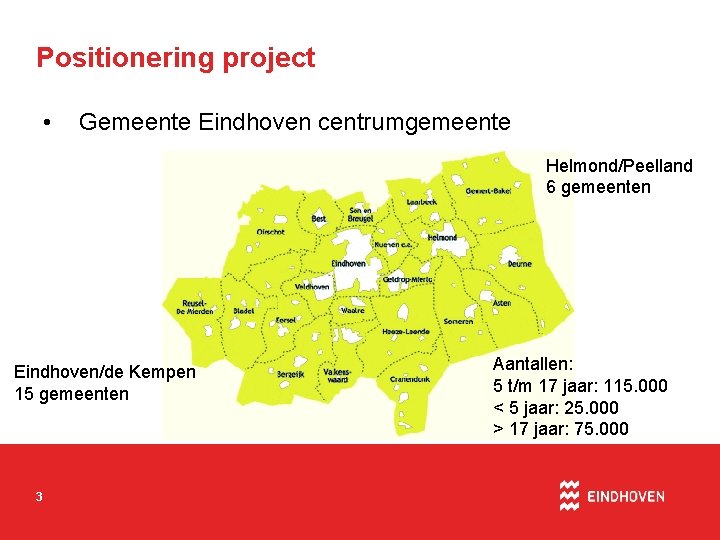 Positionering project • Gemeente Eindhoven centrumgemeente Helmond/Peelland 6 gemeenten Eindhoven/de Kempen 15 gemeenten 3