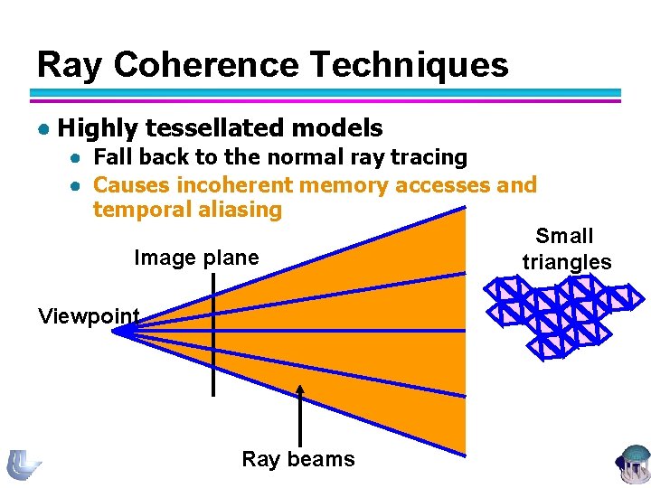 Ray Coherence Techniques ● Highly tessellated models ● Fall back to the normal ray