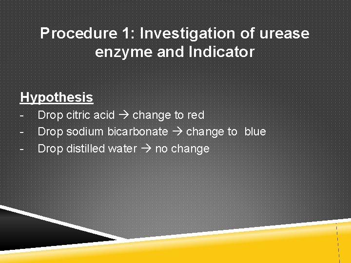 Procedure 1: Investigation of urease enzyme and Indicator Hypothesis - Drop citric acid change