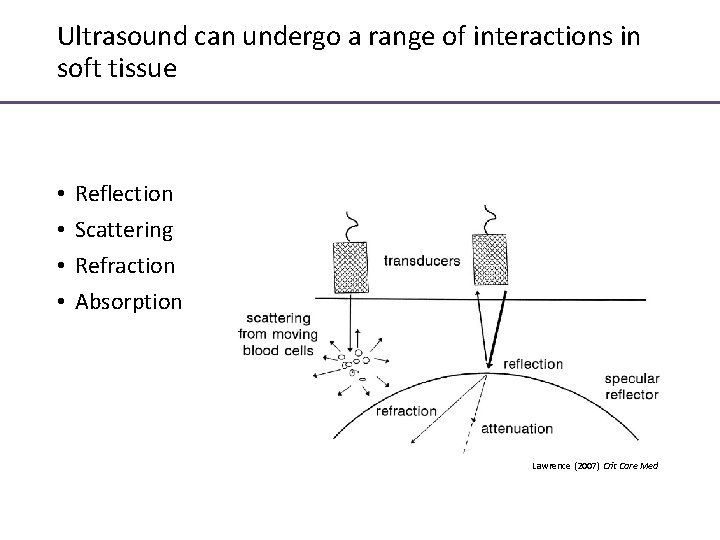 Ultrasound can undergo a range of interactions in soft tissue • • Reflection Scattering