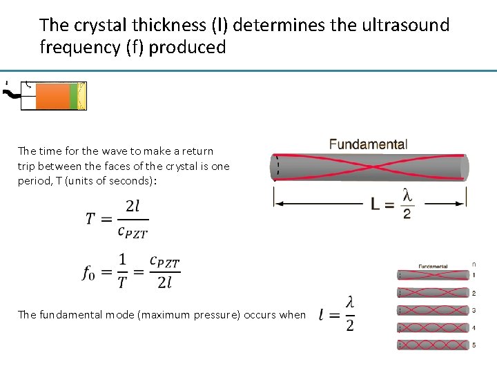 The crystal thickness (l) determines the ultrasound frequency (f) produced The time for the