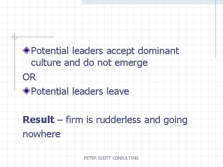 Potential leaders accept dominant culture and do not emerge OR Potential leaders leave Result