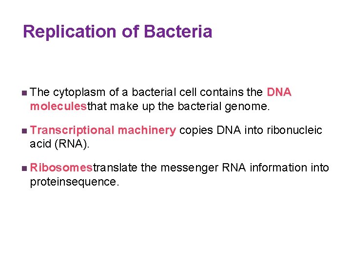 Replication of Bacteria n The cytoplasm of a bacterial cell contains the DNA moleculesthat