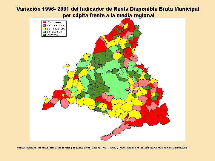 Variación 1996 - 2001 del Indicador de Renta Disponible Bruta Municipal per cápita frente