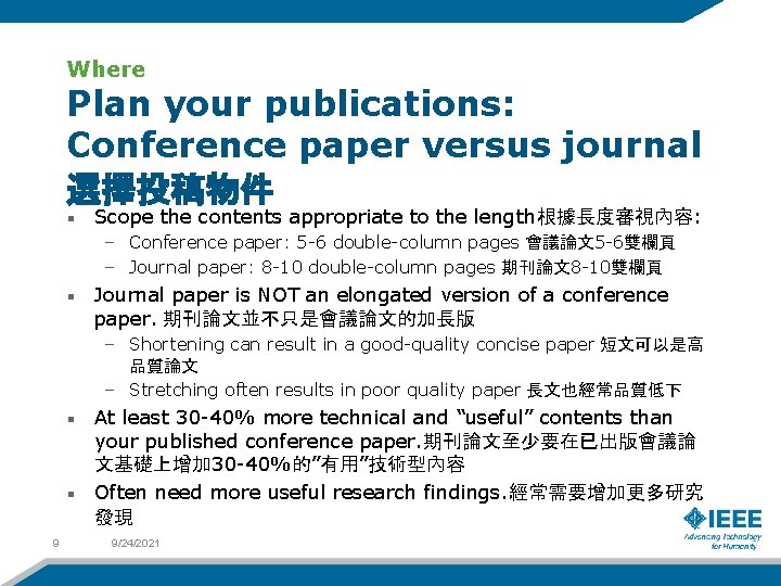 Where Plan your publications: Conference paper versus journal 選擇投稿物件 Scope the contents appropriate to