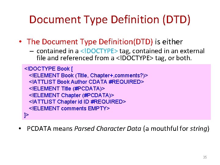 Document Type Definition (DTD) • The Document Type Definition(DTD) is either – contained in