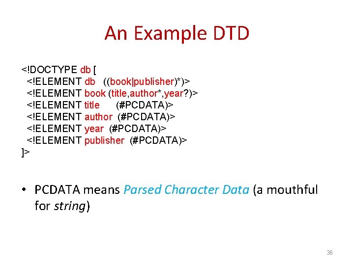 An Example DTD <!DOCTYPE db [ <!ELEMENT db ((book|publisher)*)> <!ELEMENT book (title, author*, year?