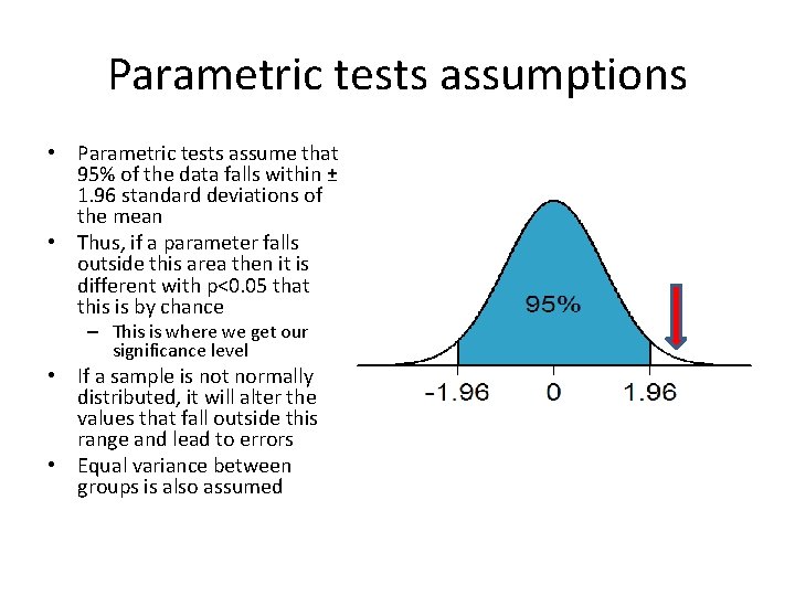 Parametric tests assumptions • Parametric tests assume that 95% of the data falls within