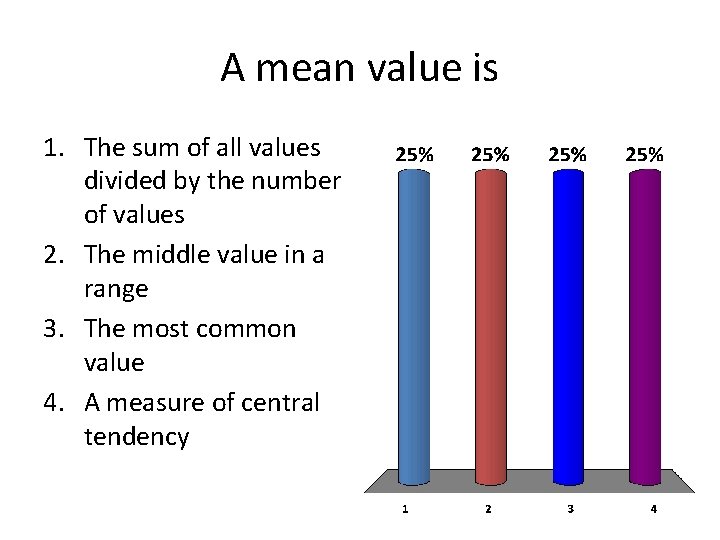 A mean value is 1. The sum of all values divided by the number