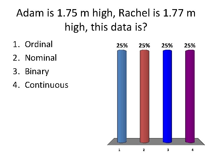 Adam is 1. 75 m high, Rachel is 1. 77 m high, this data