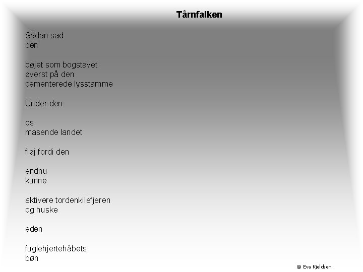 Tårnfalken Sådan sad den bøjet som bogstavet øverst på den cementerede lysstamme Under den