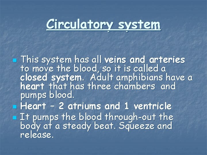 Circulatory system n n n This system has all veins and arteries to move