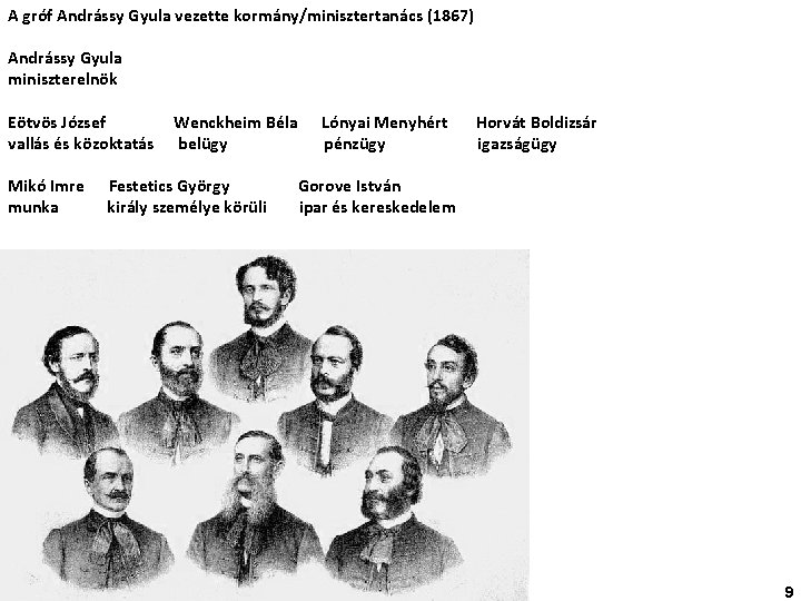 A gróf Andrássy Gyula vezette kormány/minisztertanács (1867) Andrássy Gyula miniszterelnök Eötvös József vallás és