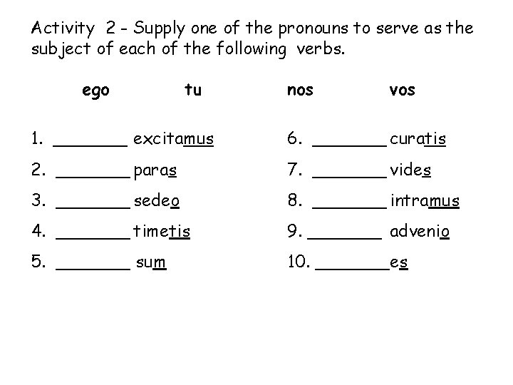 Activity 2 - Supply one of the pronouns to serve as the subject of