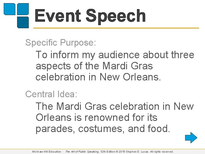 Event Speech Specific Purpose: To inform my audience about three aspects of the Mardi