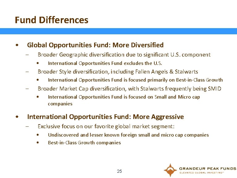 Fund Differences • Global Opportunities Fund: More Diversified – Broader Geographic diversification due to