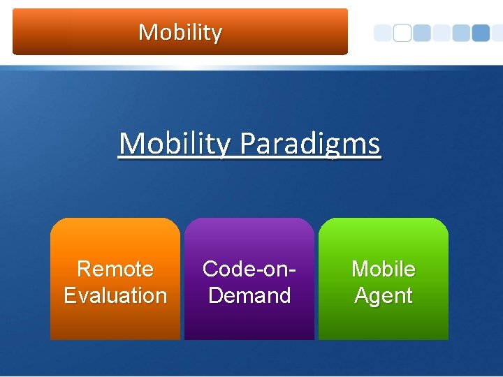 Mobility Paradigms Remote Evaluation Code-on. Demand Mobile Agent 