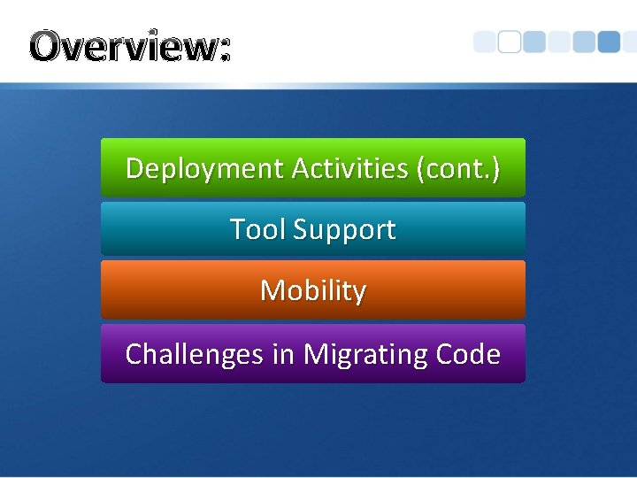 Overview: Deployment Activities (cont. ) Tool Support Mobility Challenges in Migrating Code 