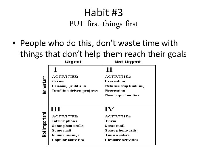 Habit #3 PUT first things first • People who do this, don’t waste time