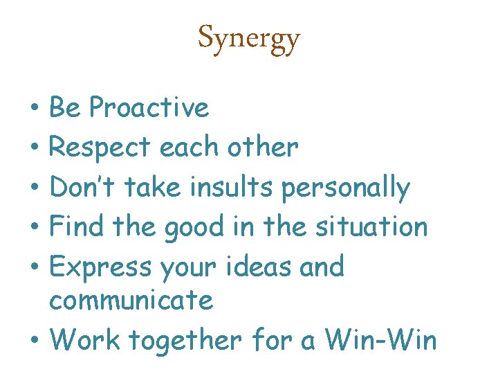 Synergy Be Proactive Respect each other Don’t take insults personally Find the good in