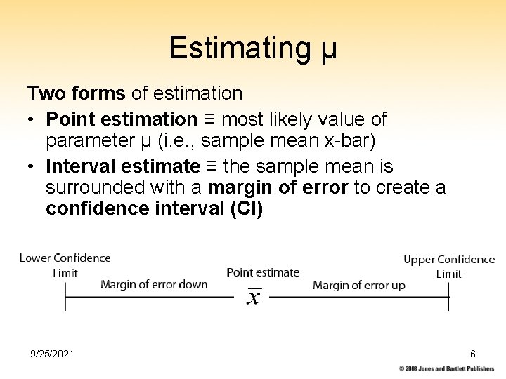Estimating µ Two forms of estimation • Point estimation ≡ most likely value of